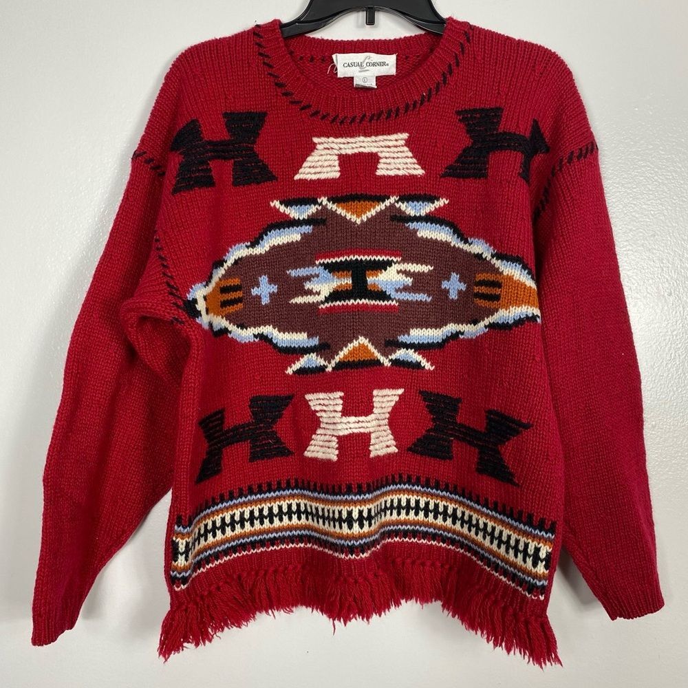Shetland wool Southwestern weave sweater with fringe vintage